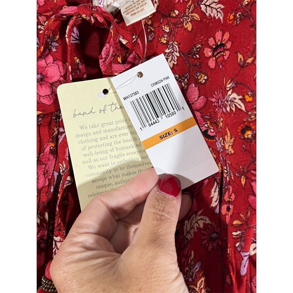 Band of the Free Women's Red Floral Puff Sleeve Boho Mini Dress S - Picture 6 of 9